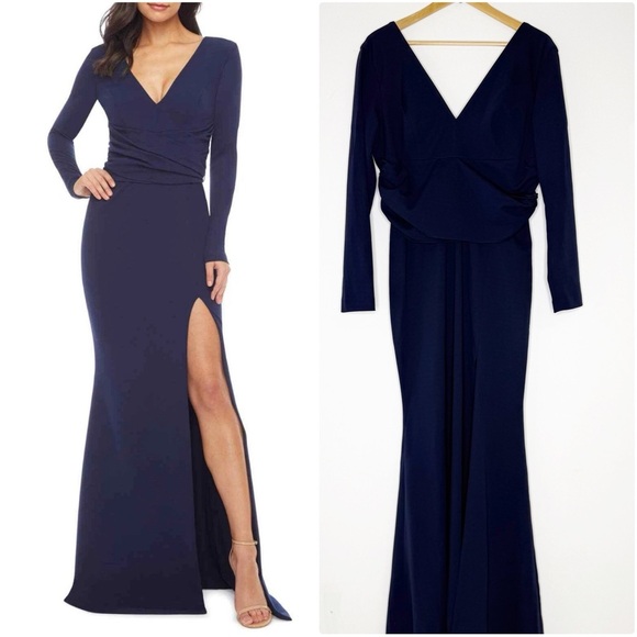 Dress The Population Carmen Gown Navy Long Sleeve Twist Slit Dress NWT Size XXL - Picture 1 of 9
